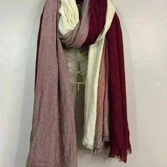RN135014 burgundy cream micro striped three scarf in one paneled fall cool - Picture 1 of 9